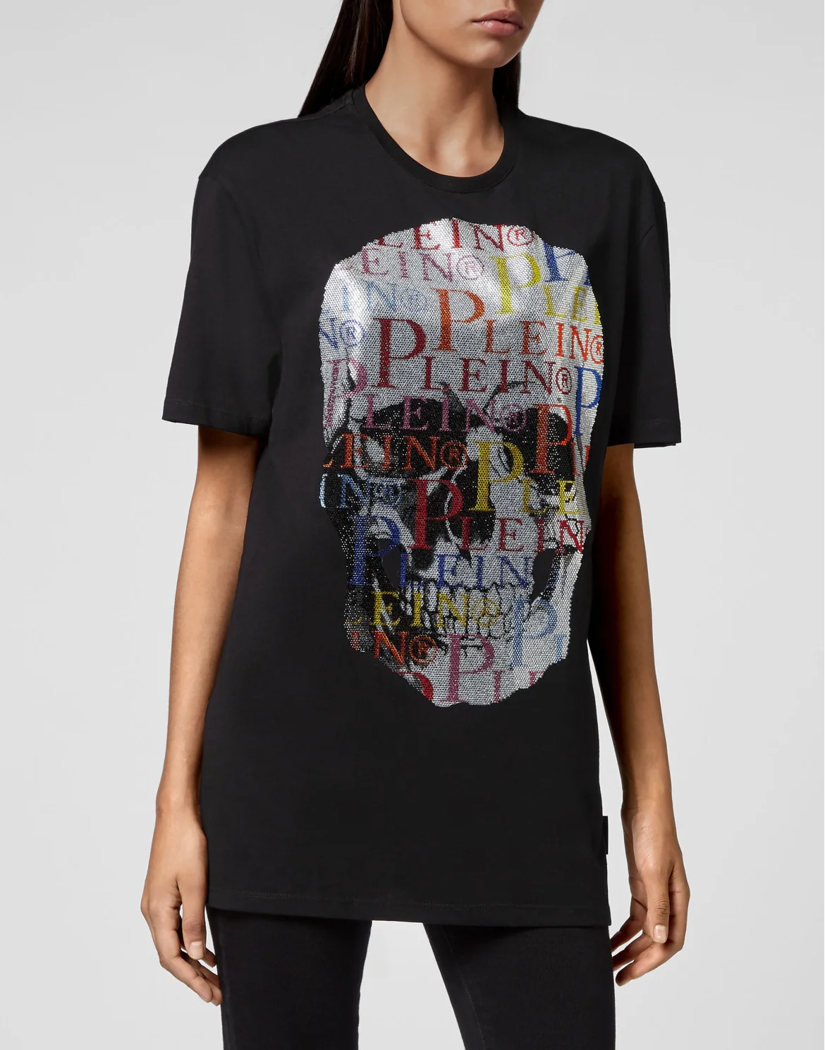 T-shirt Round Neck SS Multicolor Skull with Crystals, цвет: Черный