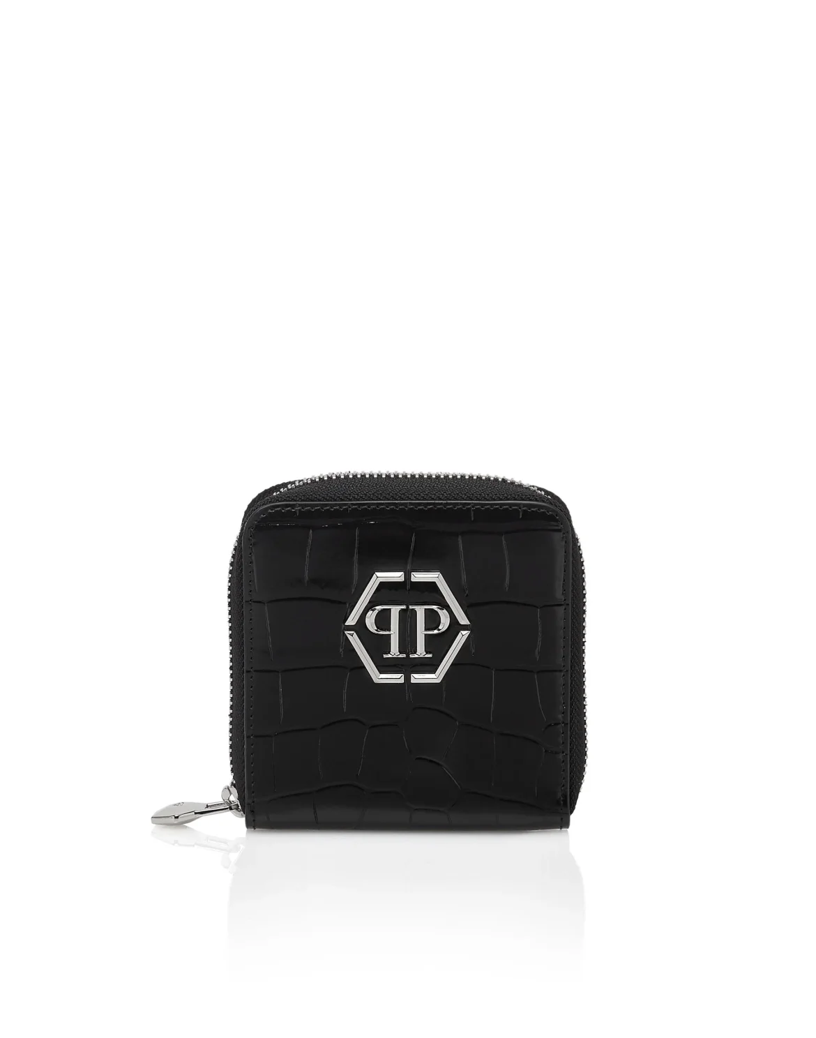 Croco Embossed Mini Round Zip Wallet, цвет: Черный