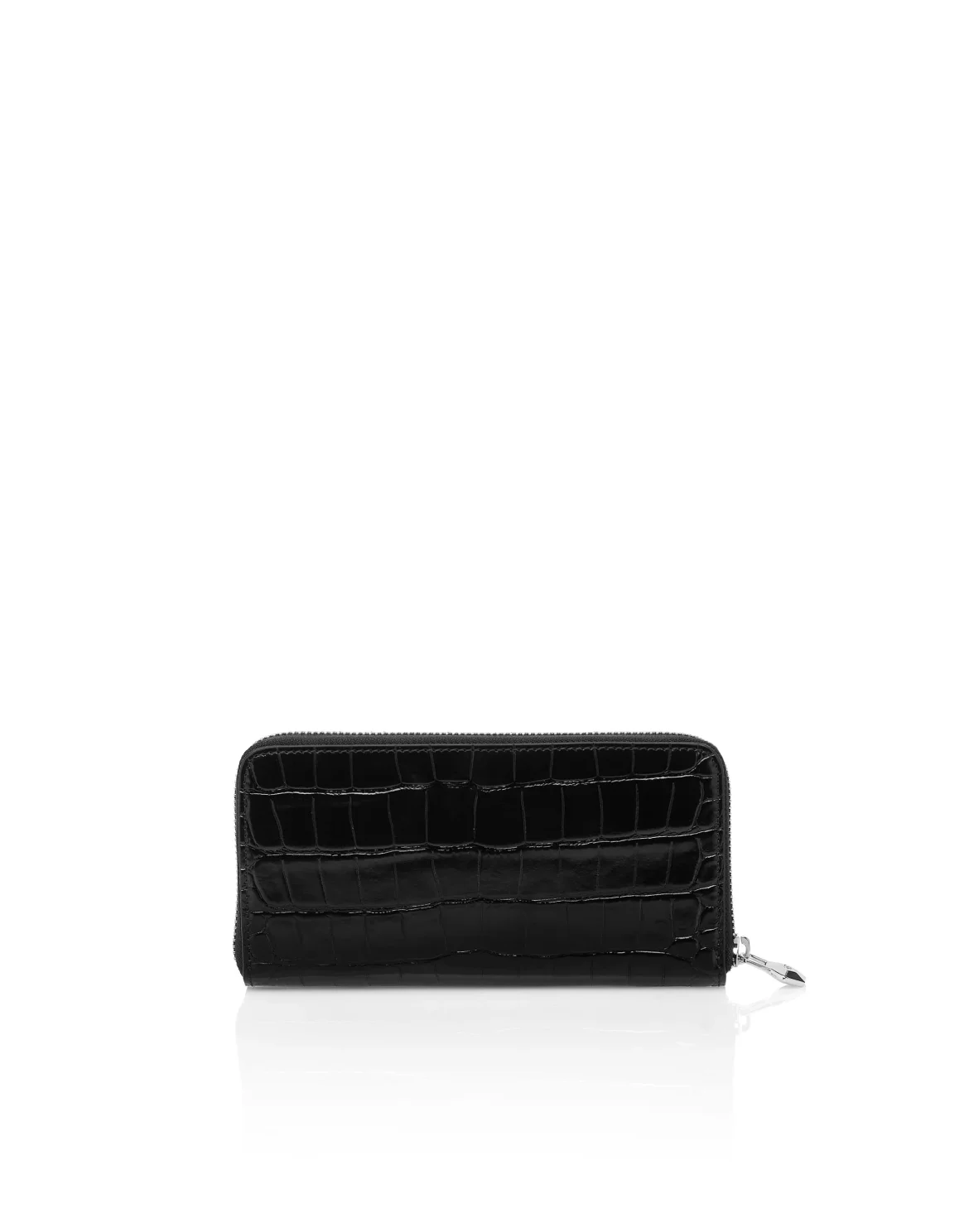 Croco Embossed Round Zip Wallet, цвет: Черный