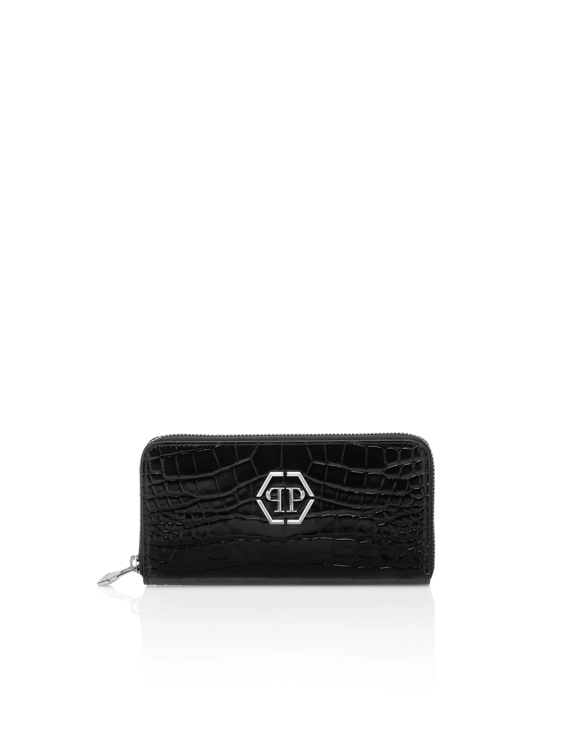 Croco Embossed Round Zip Wallet, цвет: Черный
