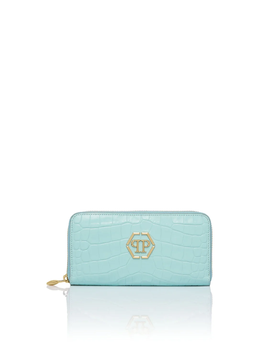 Croco Embossed Round Zip Wallet, цвет: Бирюзовый