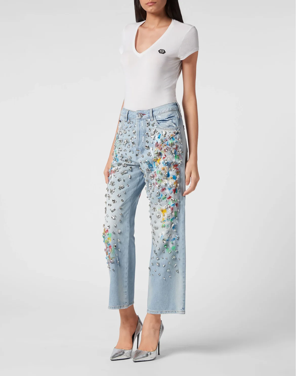 Denim Trousers High Rise Fit Crystal, цвет: Синий