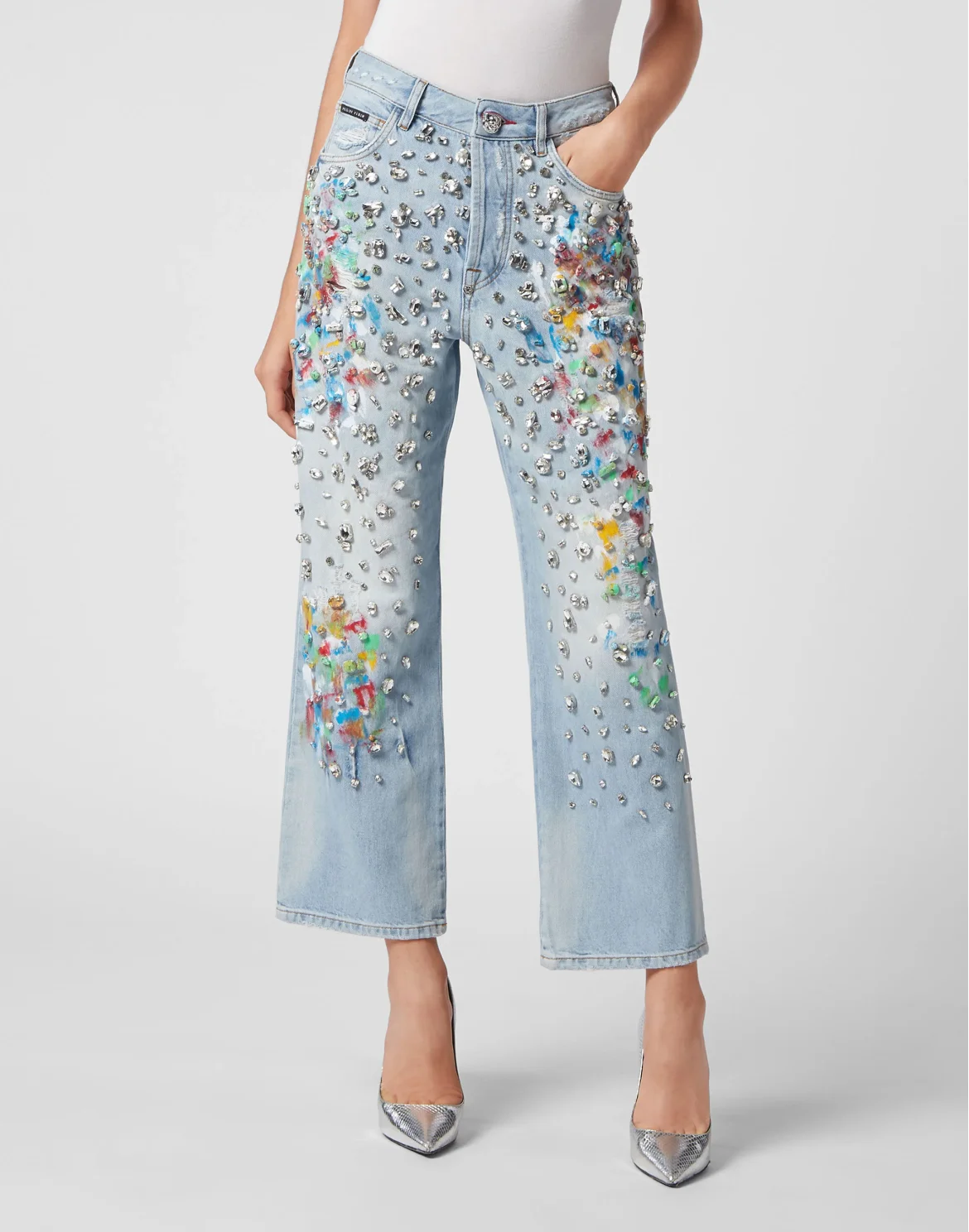 Denim Trousers High Rise Fit Crystal, цвет: Синий