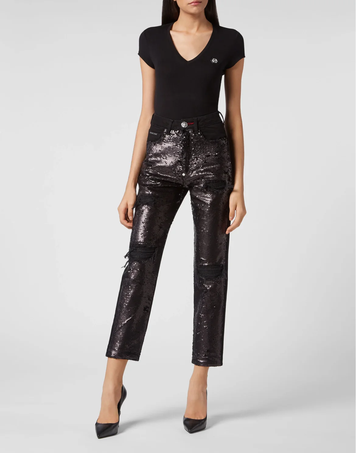 Denim Trousers Boyfriend Paillettes, цвет: Черный