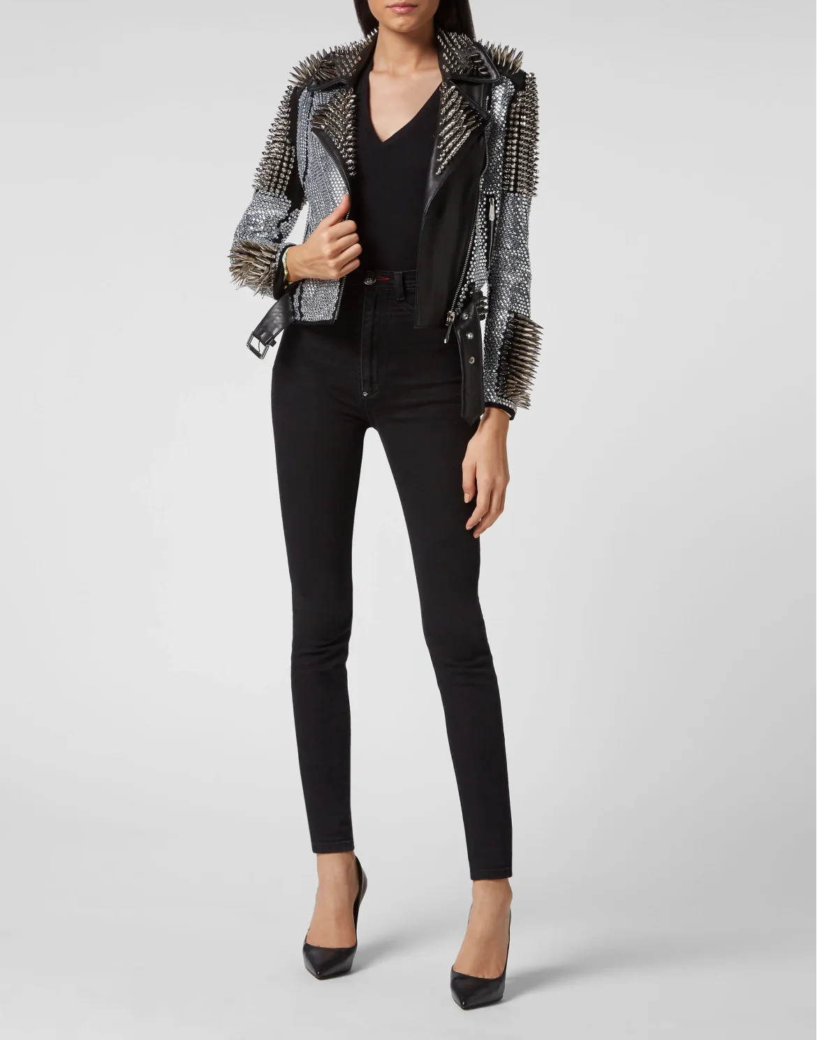 Leather Biker Jacket Studs, цвет: Черный