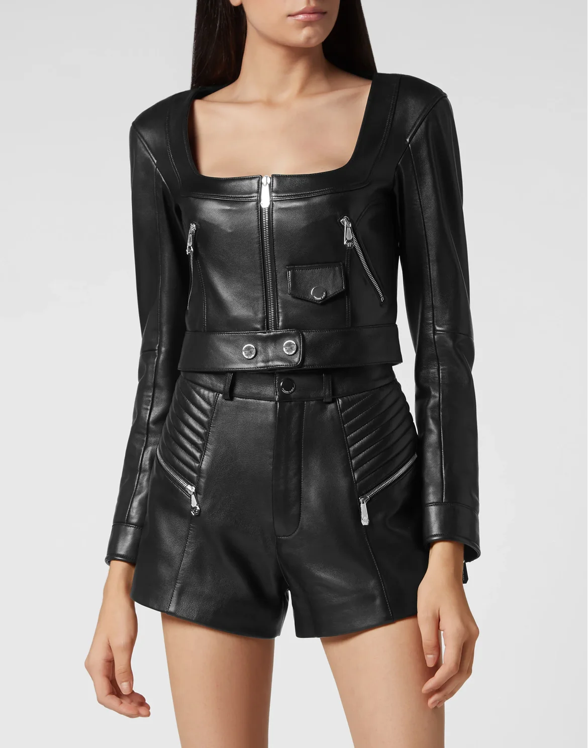 Vintage Leather Cropped Jacket, цвет: Черный