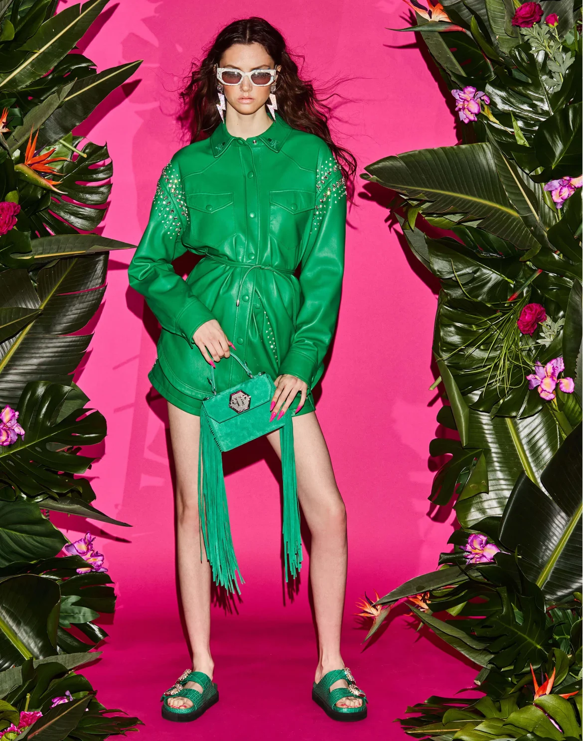 Oversize Leather Shirt Crystal, цвет: Зеленый
