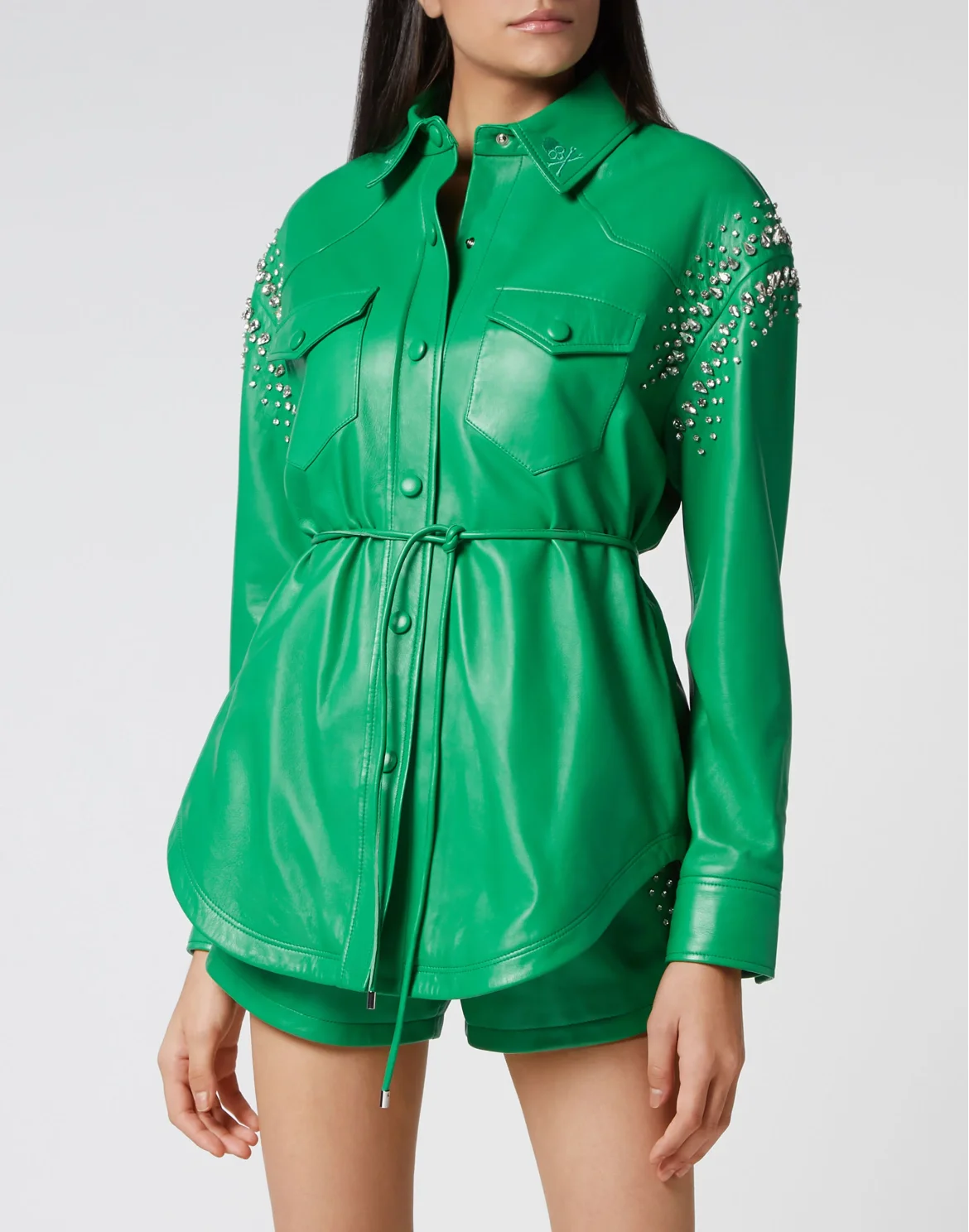 Oversize Leather Shirt Crystal, цвет: Зеленый