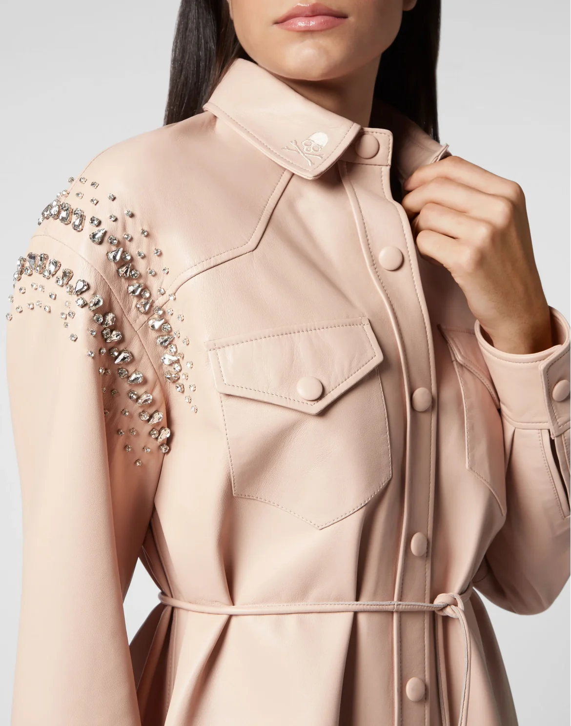Oversize Leather Shirt Crystal, цвет: Бежевый