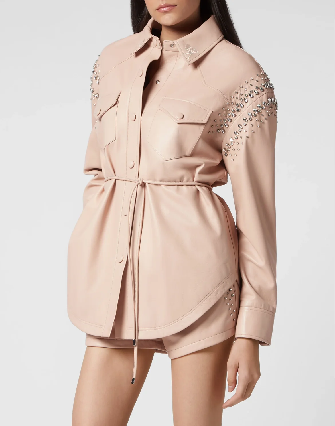 Oversize Leather Shirt Crystal, цвет: Бежевый