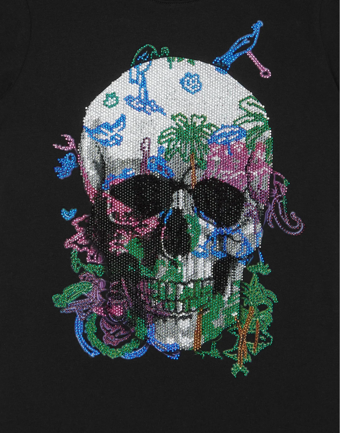 Embroidered T-shirt Round Neck SS with Crystals Skull, цвет: Черный