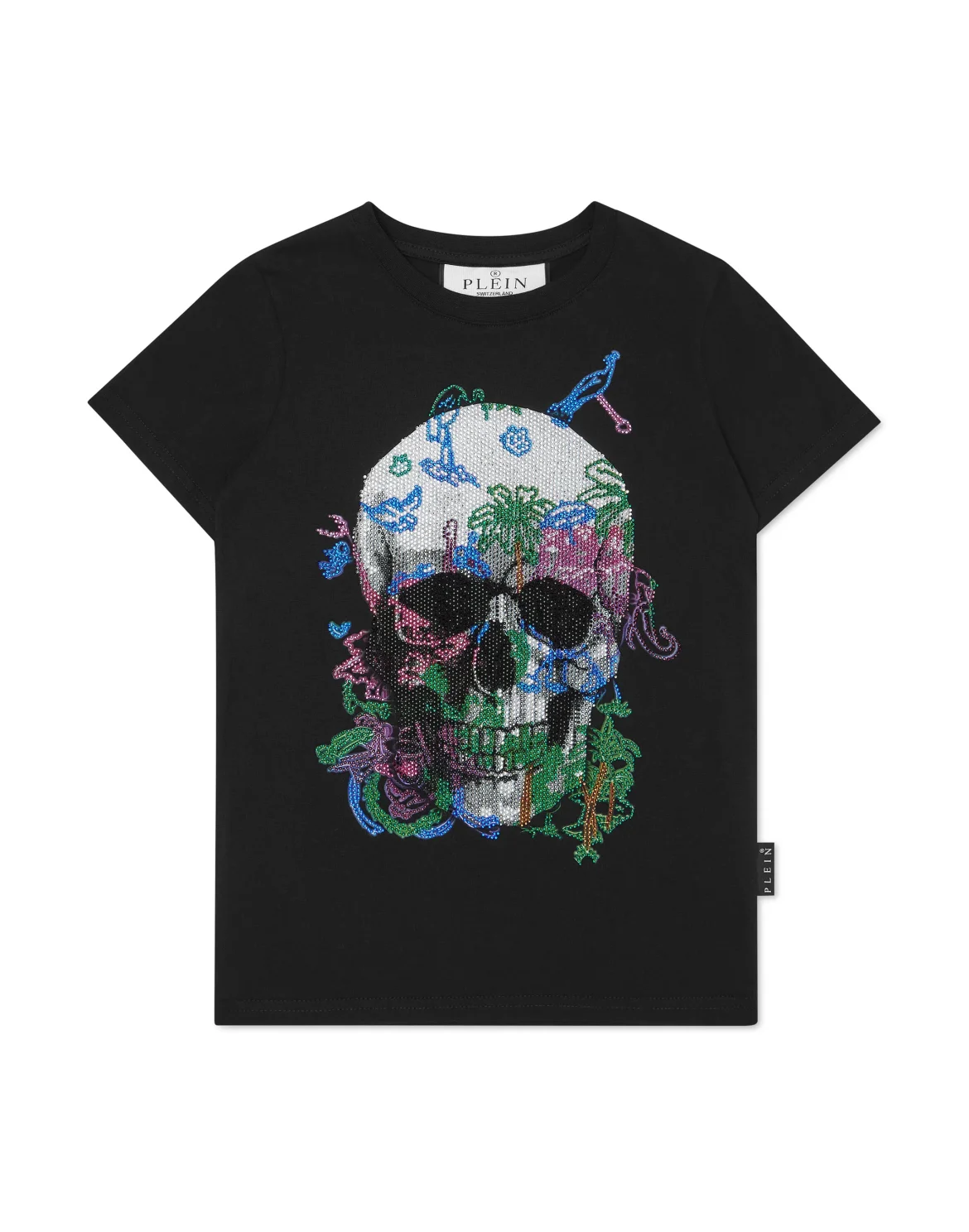 Embroidered T-shirt Round Neck SS with Crystals Skull, цвет: Черный
