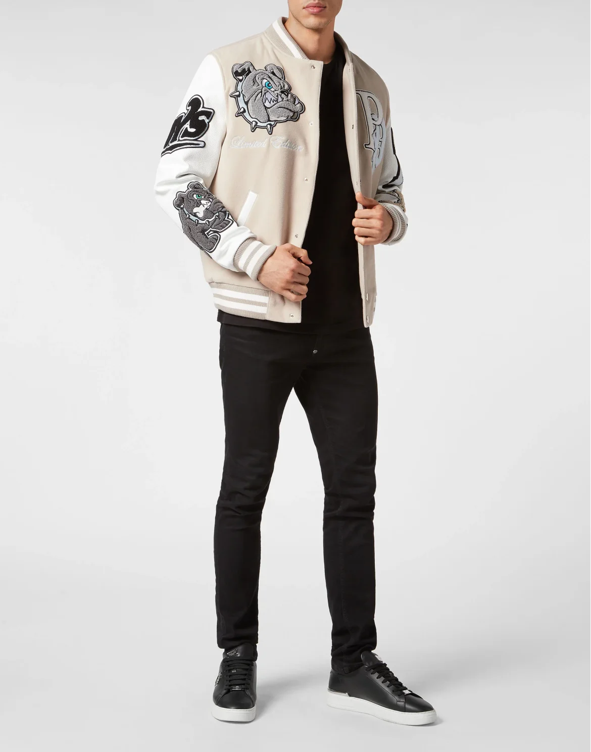 Woolen Cloth College Bomber with Leather Arms Bulldogs, цвет: Бежевый