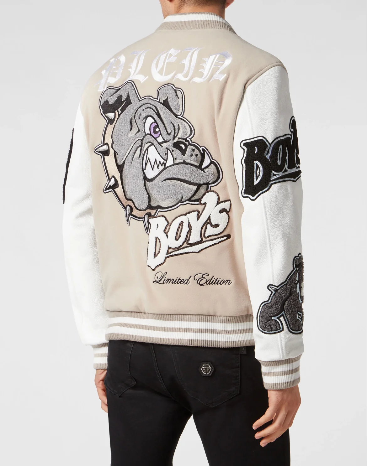 Woolen Cloth College Bomber with Leather Arms Bulldogs, цвет: Бежевый