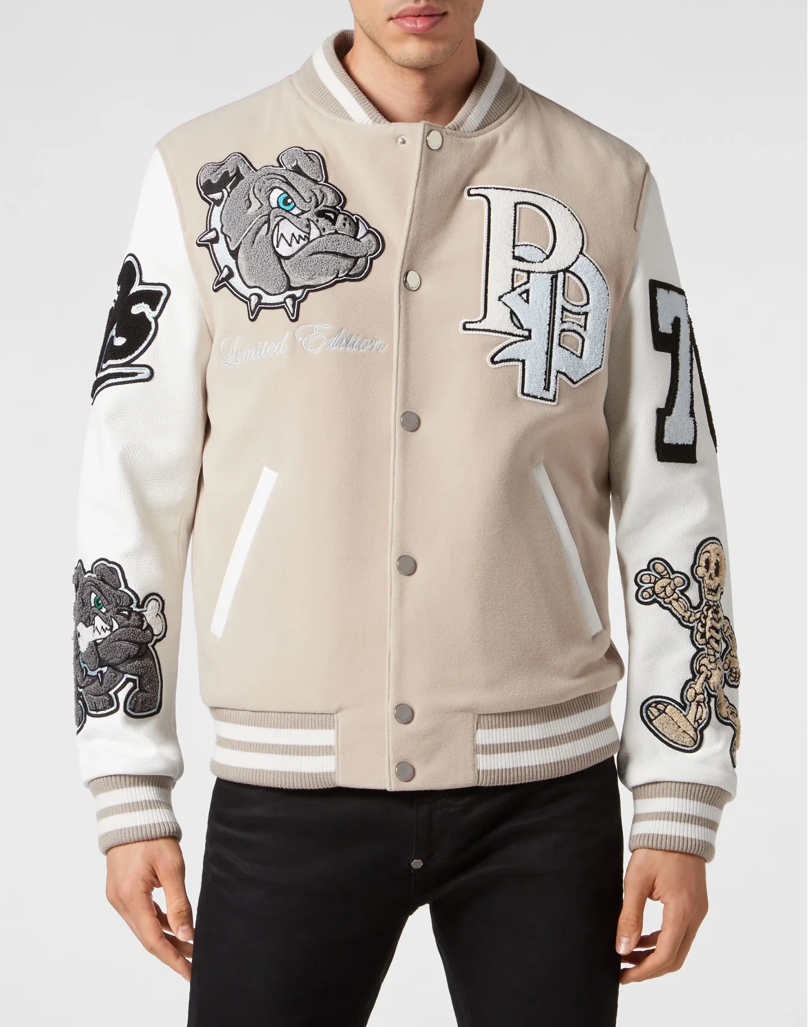 Woolen Cloth College Bomber with Leather Arms Bulldogs, цвет: Бежевый