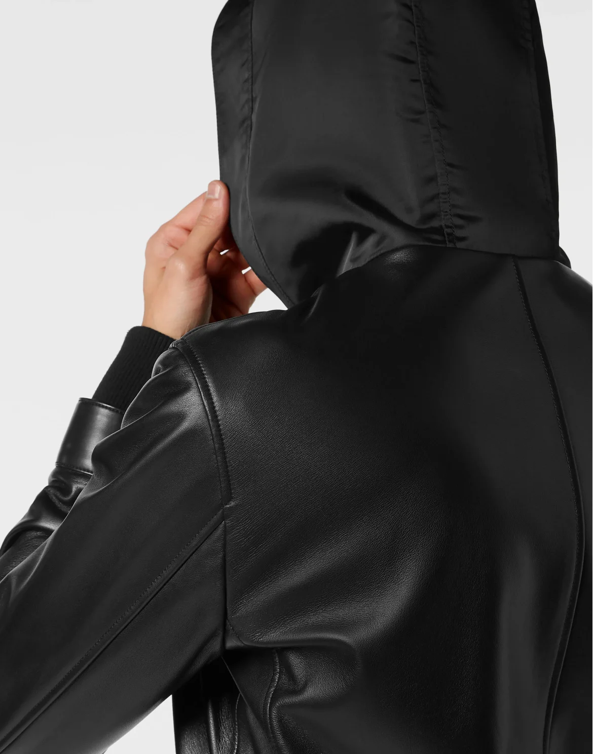 Leather Hooded Bomber with Satin Inserts, цвет: Черный