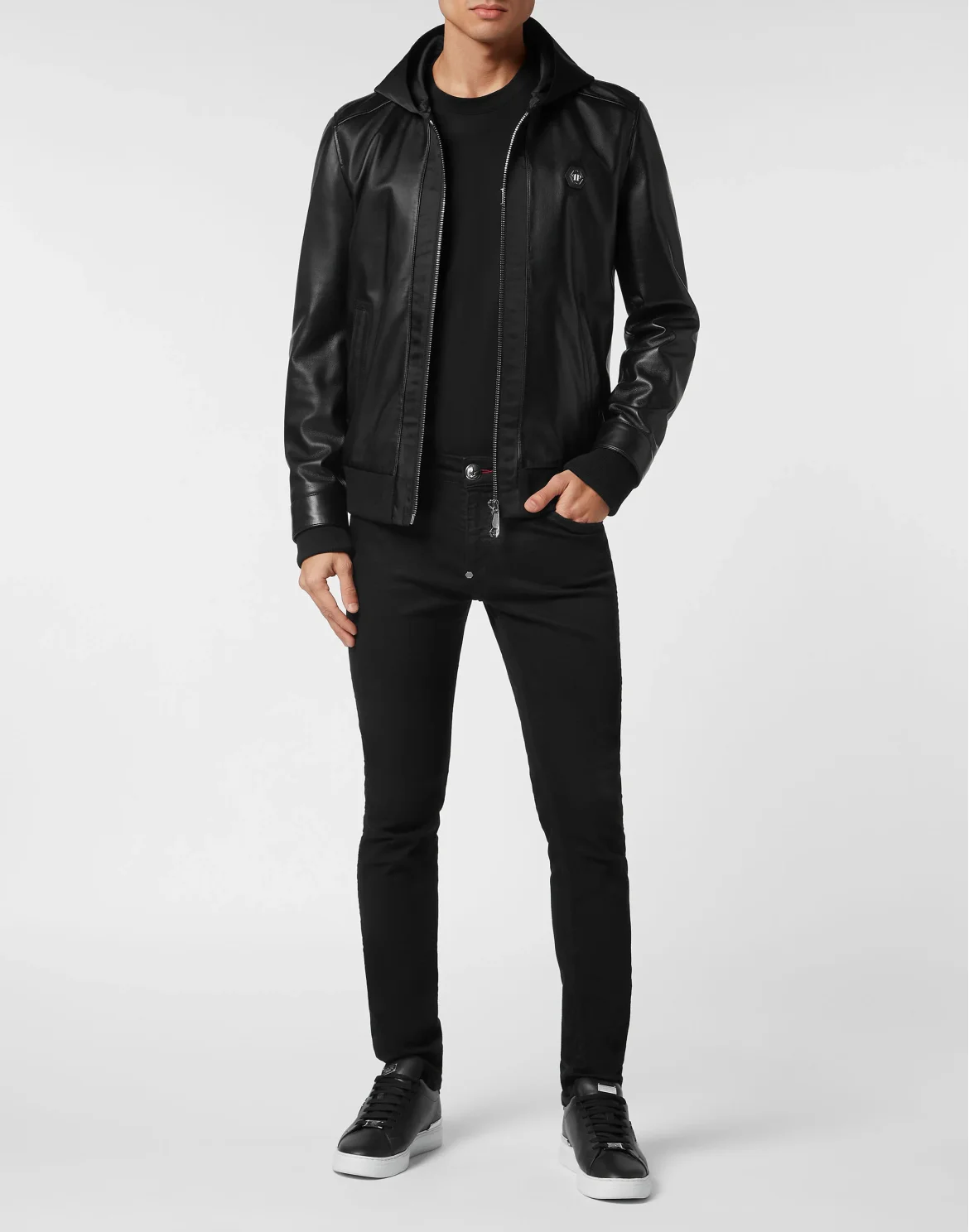 Leather Hooded Bomber with Satin Inserts, цвет: Черный