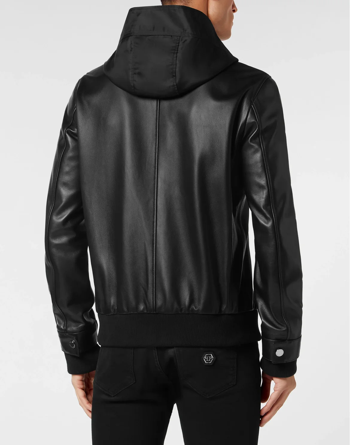 Leather Hooded Bomber with Satin Inserts, цвет: Черный