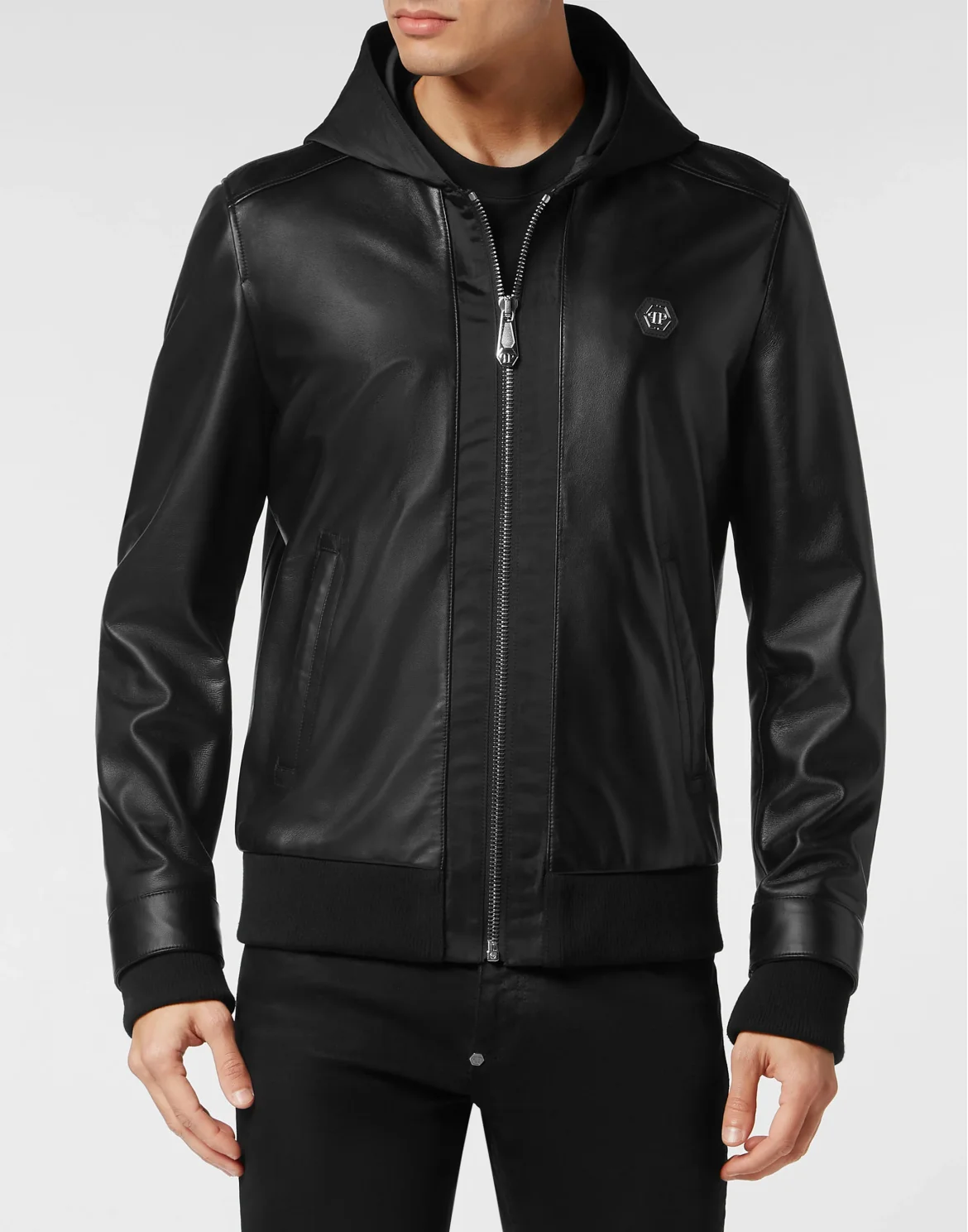 Leather Hooded Bomber with Satin Inserts, цвет: Черный