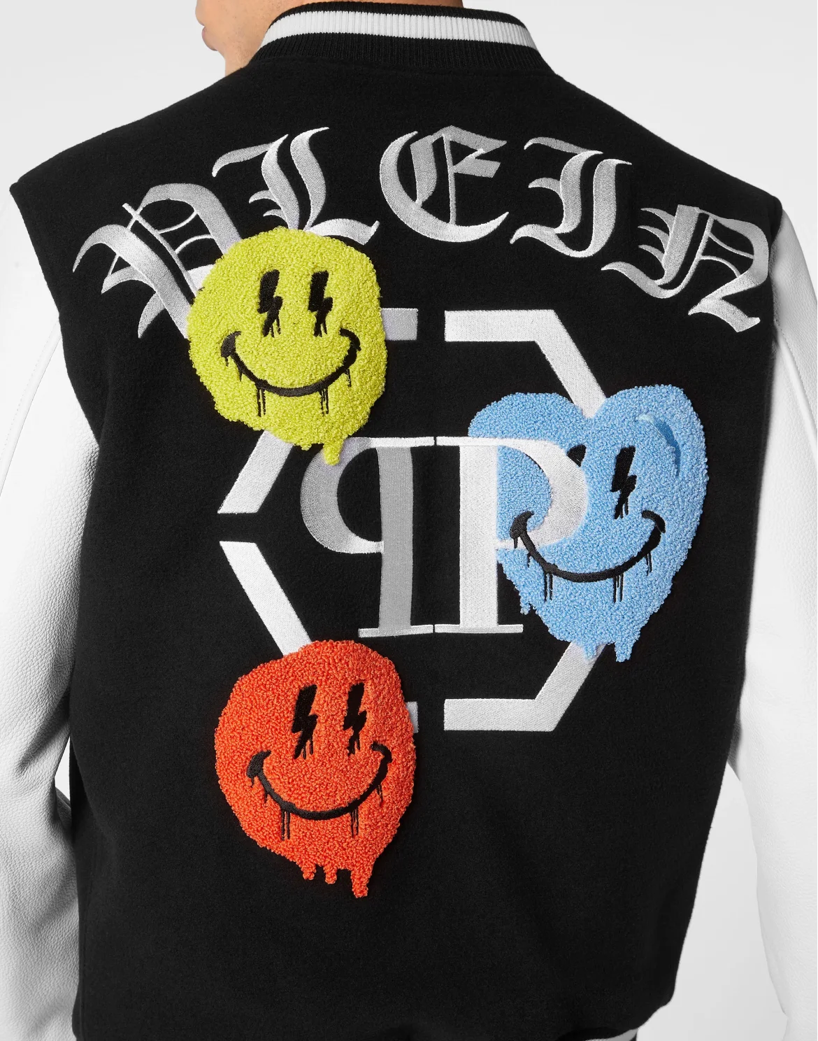 Woolen Cloth College Bomber with Leather Arms Smile, цвет: Черный