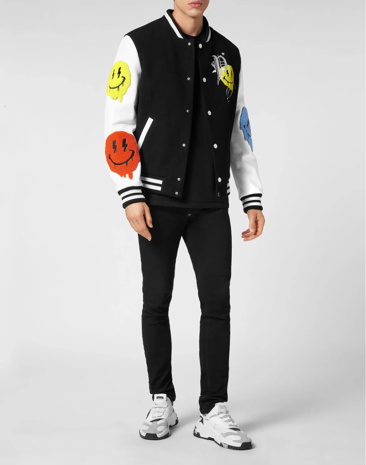 Woolen Cloth College Bomber with Leather Arms Smile, цвет: Черный