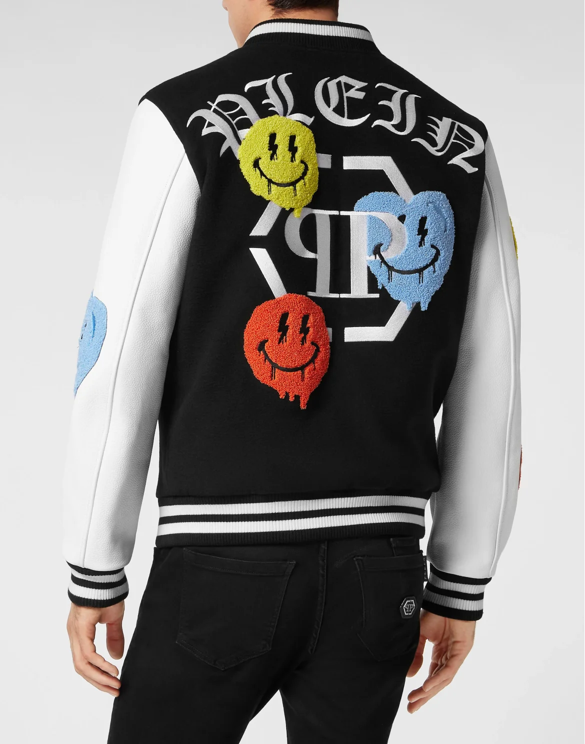 Woolen Cloth College Bomber with Leather Arms Smile, цвет: Черный