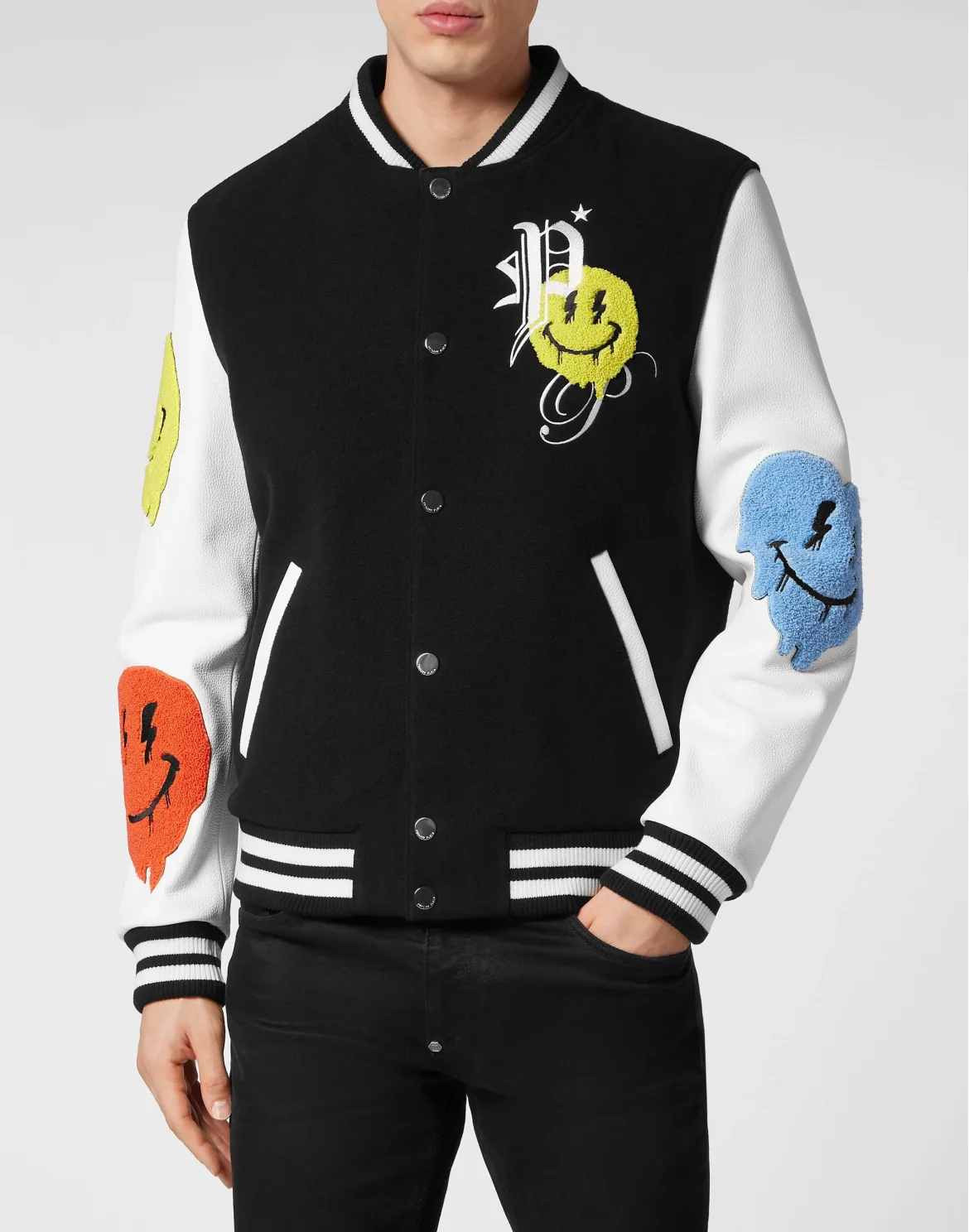 Woolen Cloth College Bomber with Leather Arms Smile, цвет: Черный