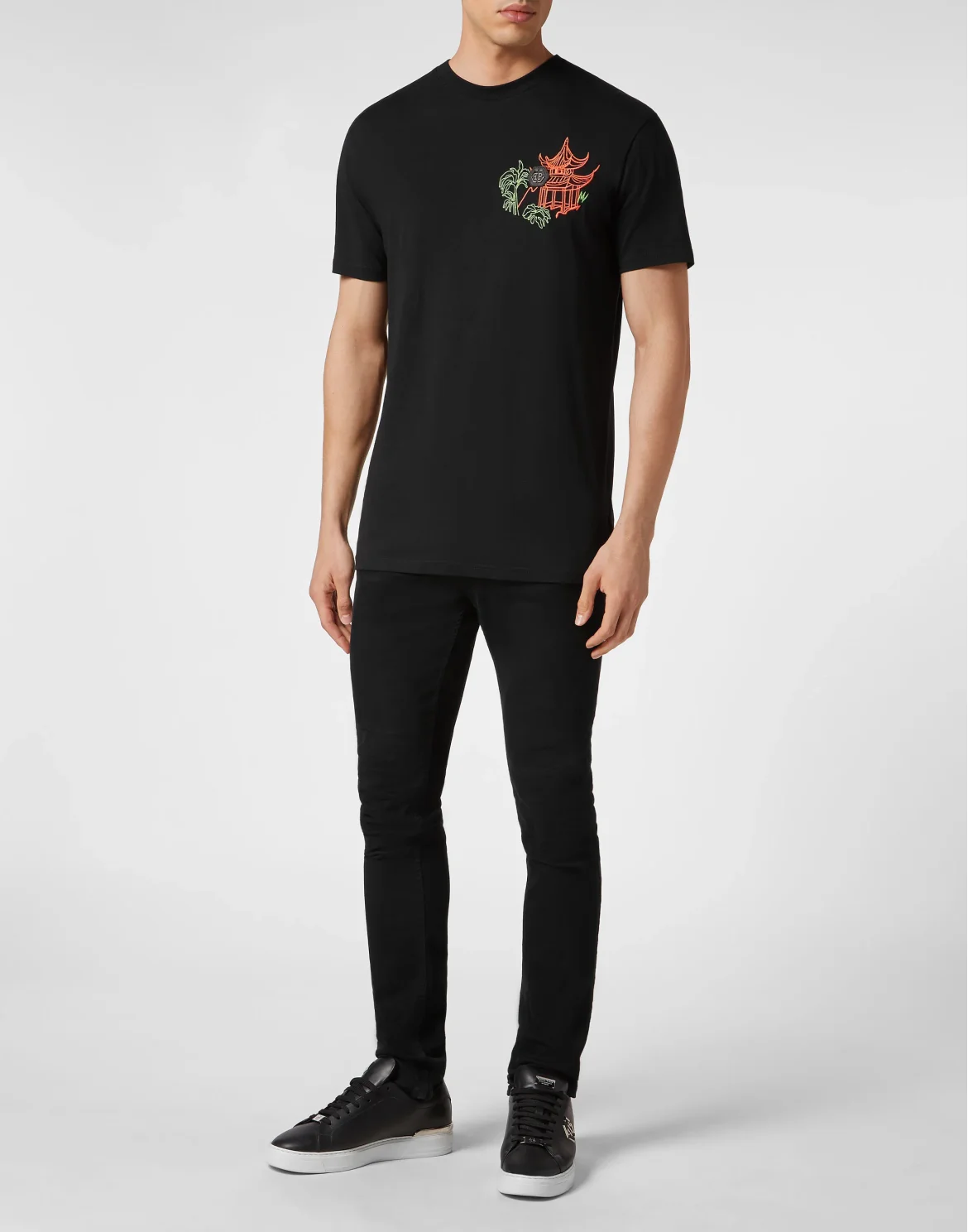 Embroidered T-shirt Round Neck SS, цвет: Черный