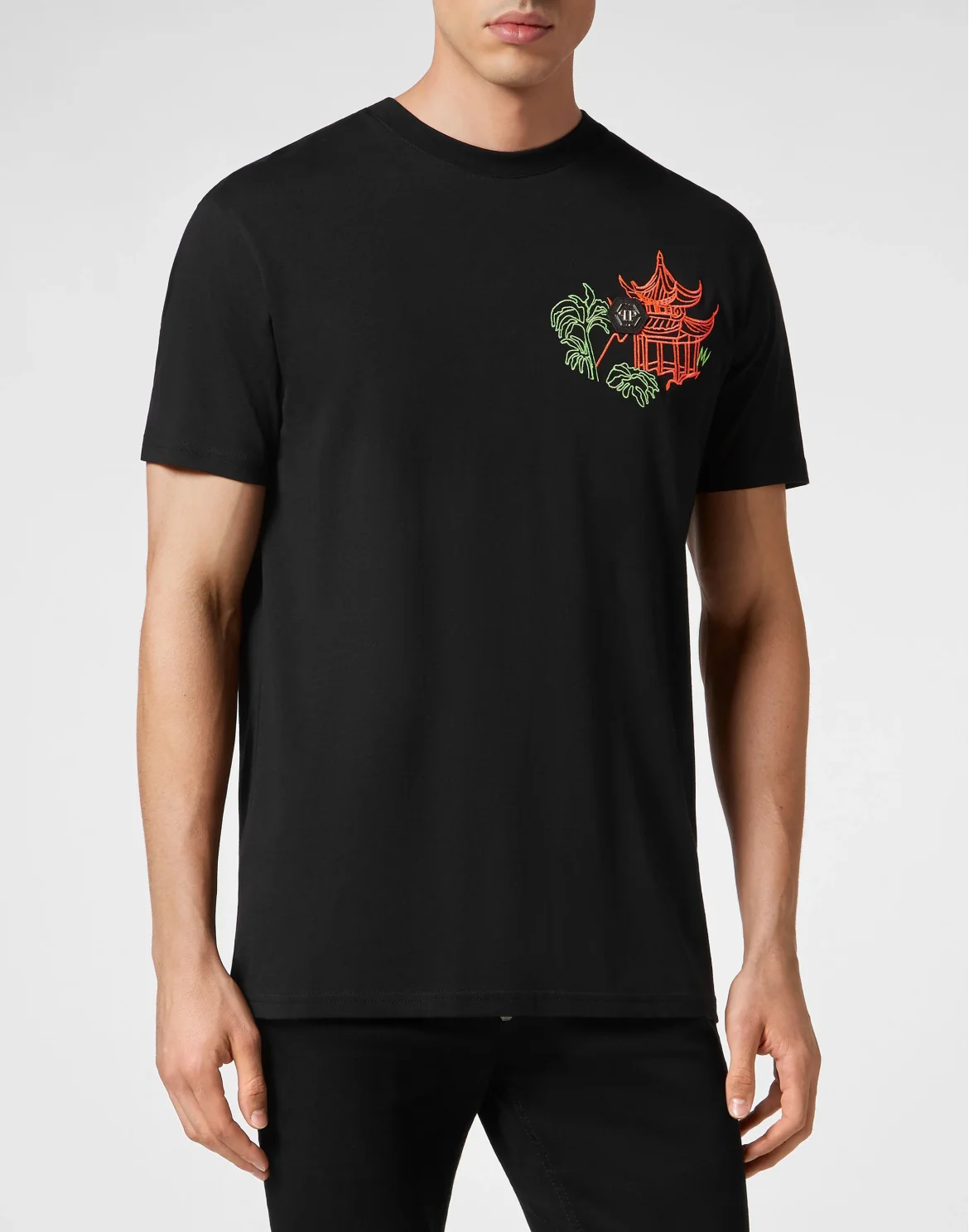 Embroidered T-shirt Round Neck SS, цвет: Черный