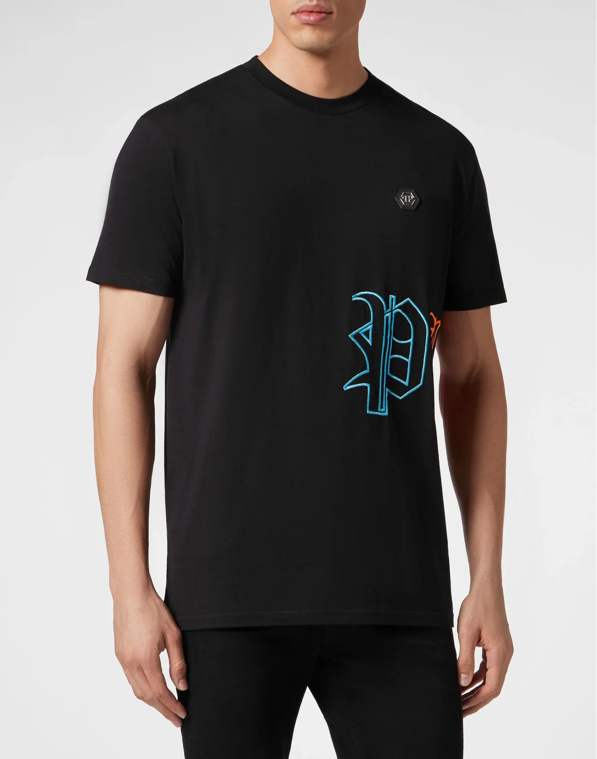 Embroidered T-shirt Round Neck SS, цвет: Черный