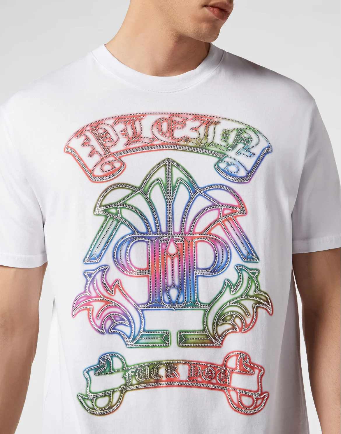 Embroidered T-shirt Round Neck SS with Crystals Gothic Banner, цвет: Белый