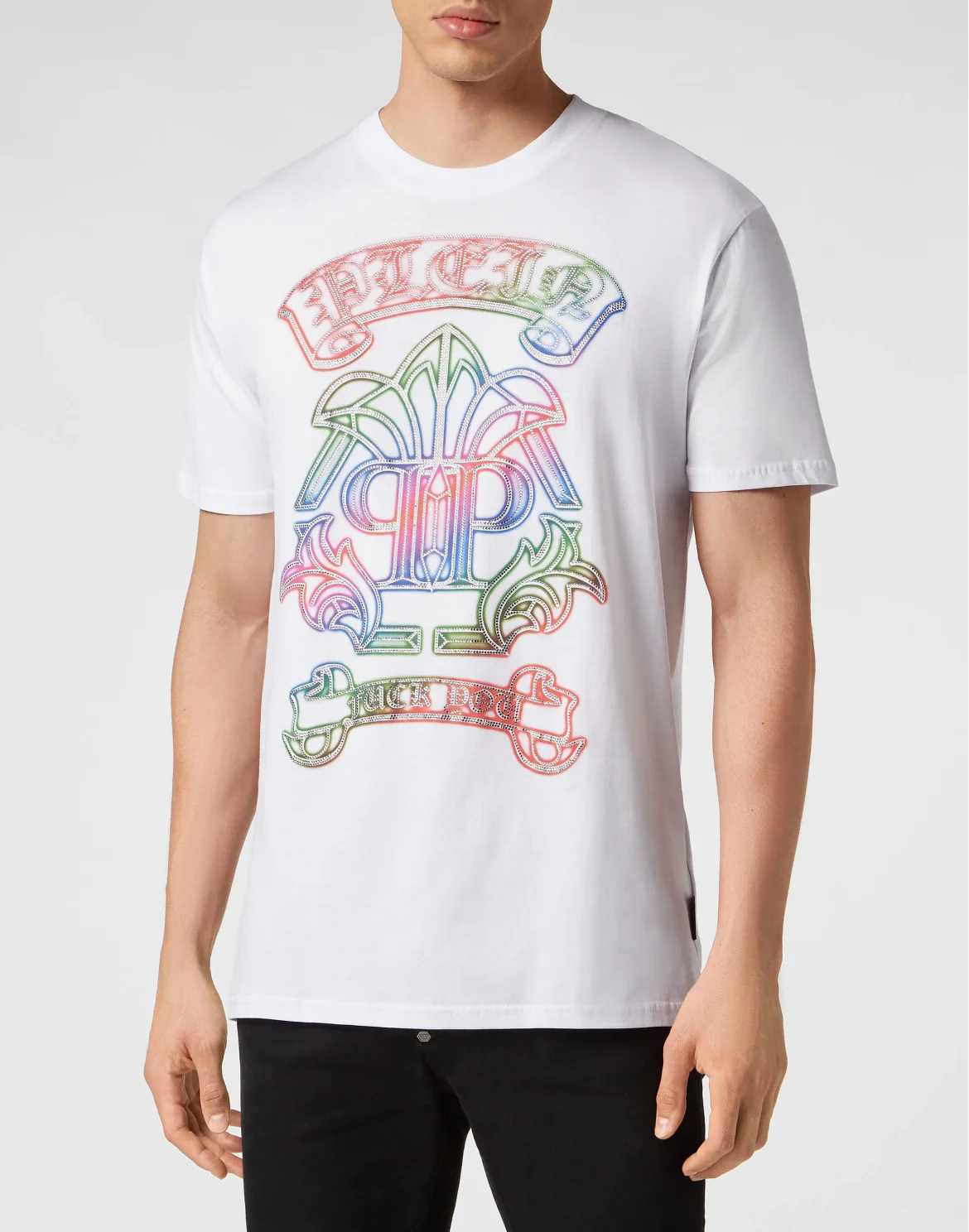 Embroidered T-shirt Round Neck SS with Crystals Gothic Banner, цвет: Белый
