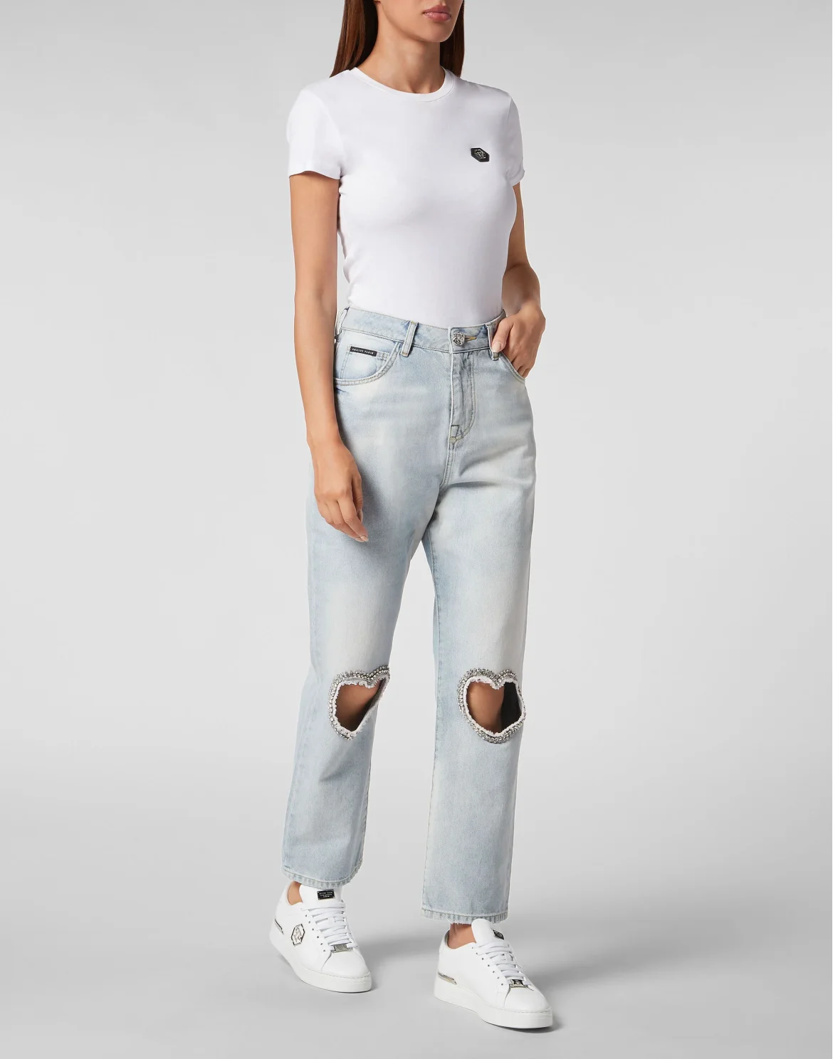 Denim Trousers Loose Fit Heart Patch, цвет: Голубой