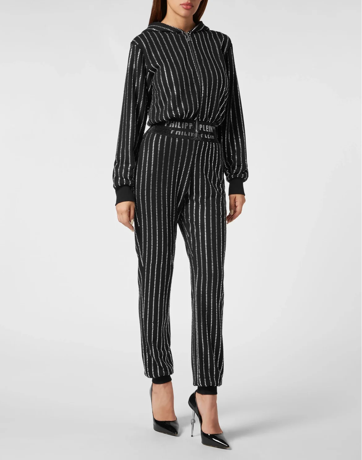 Cropped Hoody Sweatjacket with Crystals Crystal Pinstripe, цвет: Черный