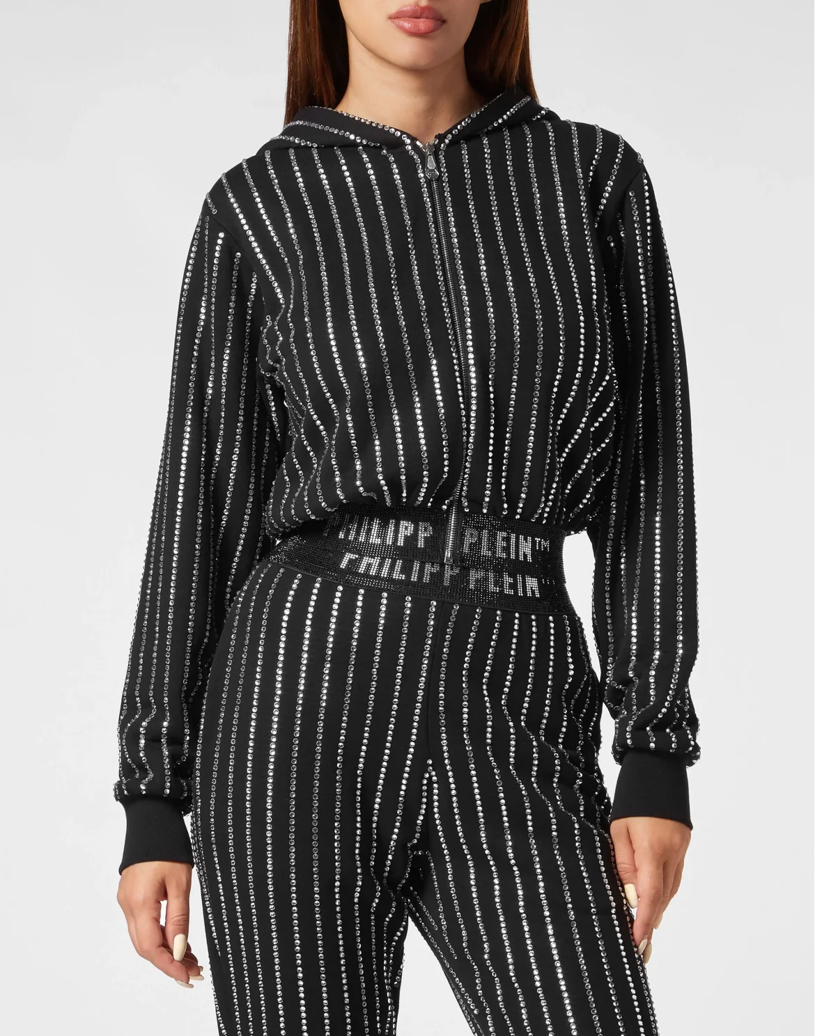 Cropped Hoody Sweatjacket with Crystals Crystal Pinstripe, цвет: Черный