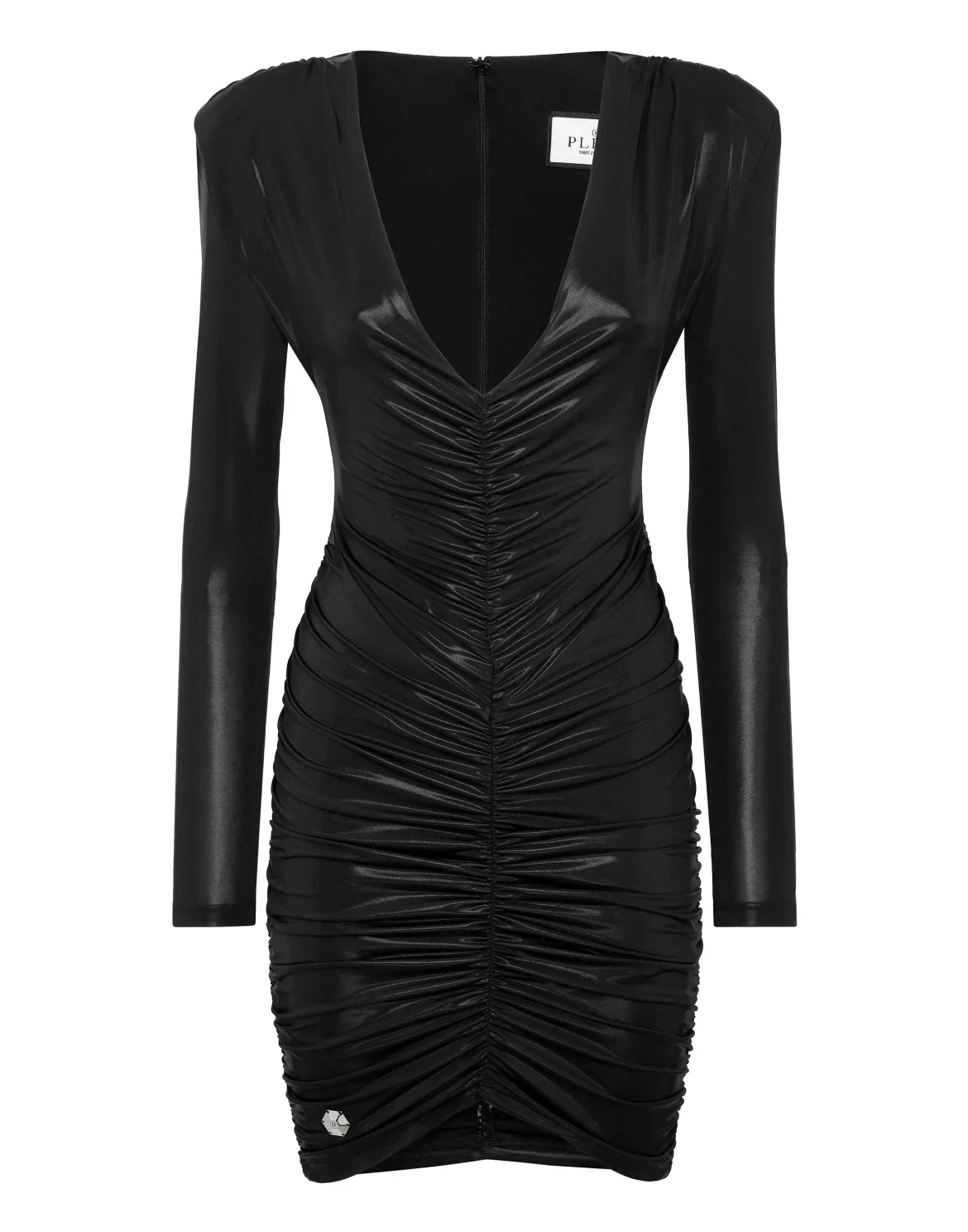 Padded Shoulder Lame Mini Dress, цвет: Черный