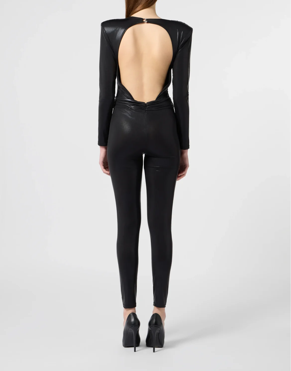 Padded Shoulder Lame Jumpsuit, цвет: Черный
