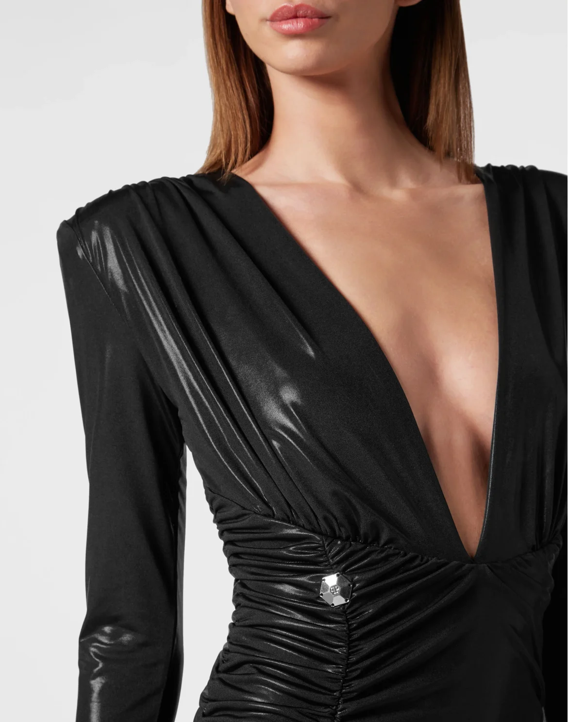 Padded Shoulder V-neck S Long Dress LS, цвет: Черный