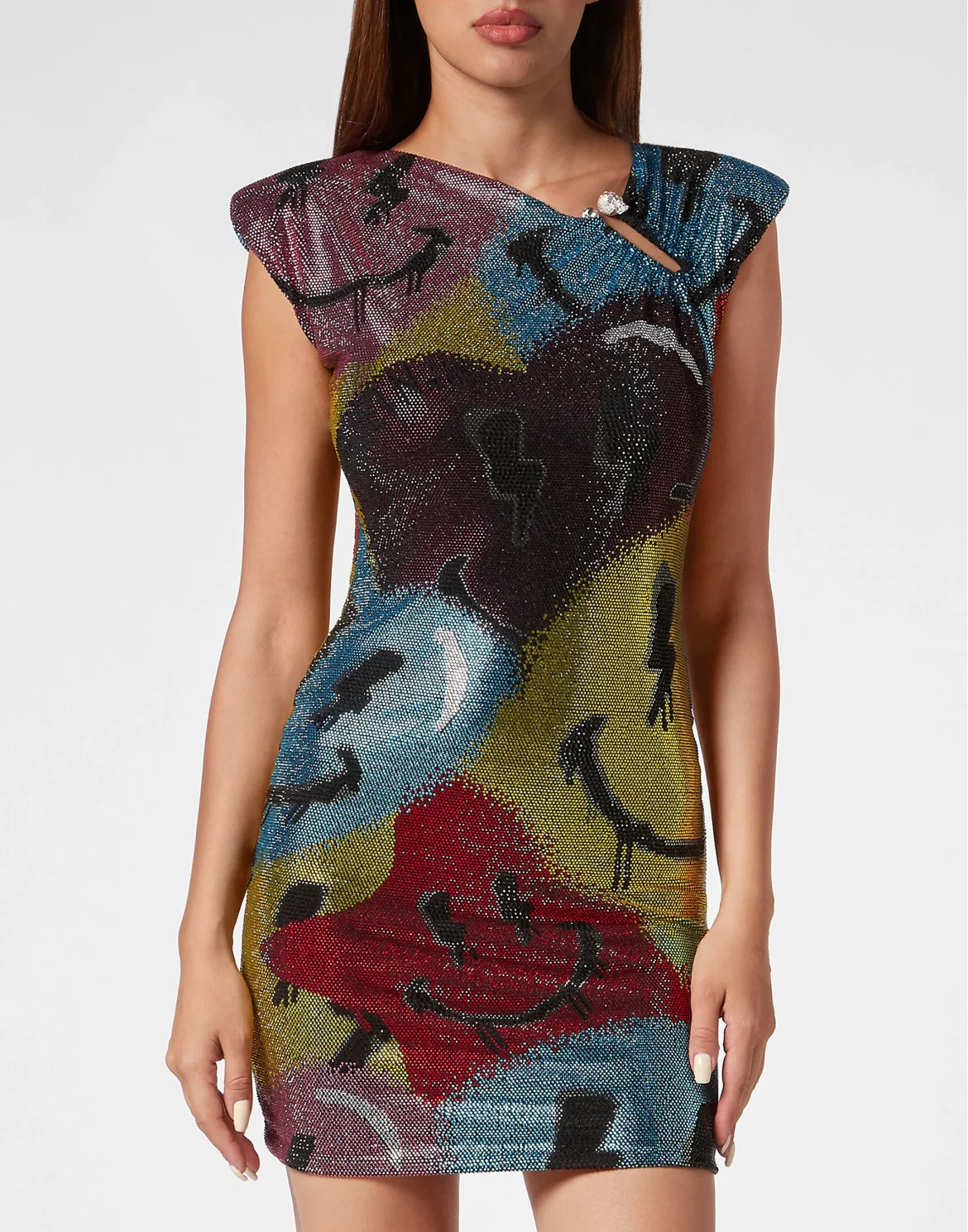 Padded Shoulder Mini Dress with Crystals Smile, цвет: Мультиколор