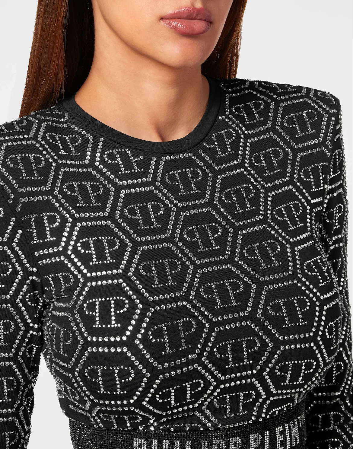 Padded Shoulder Cropped Top LS Monogram Strass, цвет: Черный