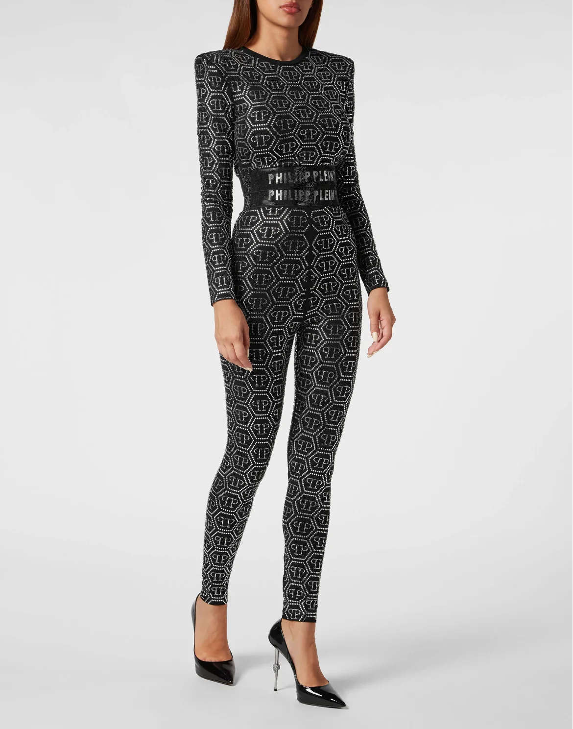 Padded Shoulder Cropped Top LS Monogram Strass, цвет: Черный