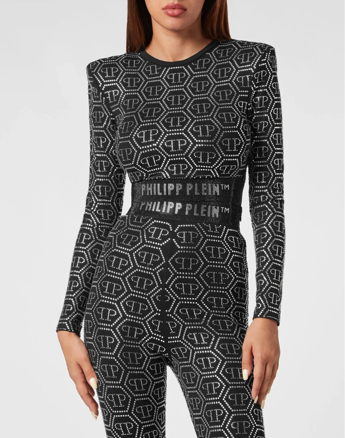 Padded Shoulder Cropped Top LS Monogram Strass, цвет: Черный