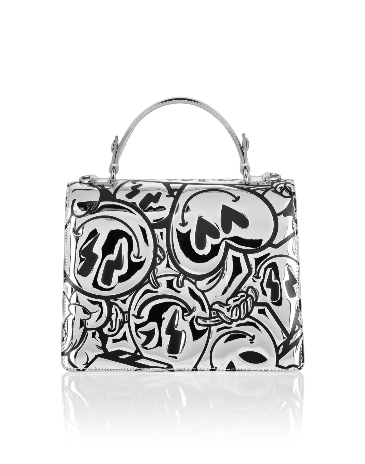 Mirror Leather Handle Bag Superheroine Smile, цвет: Серебристый