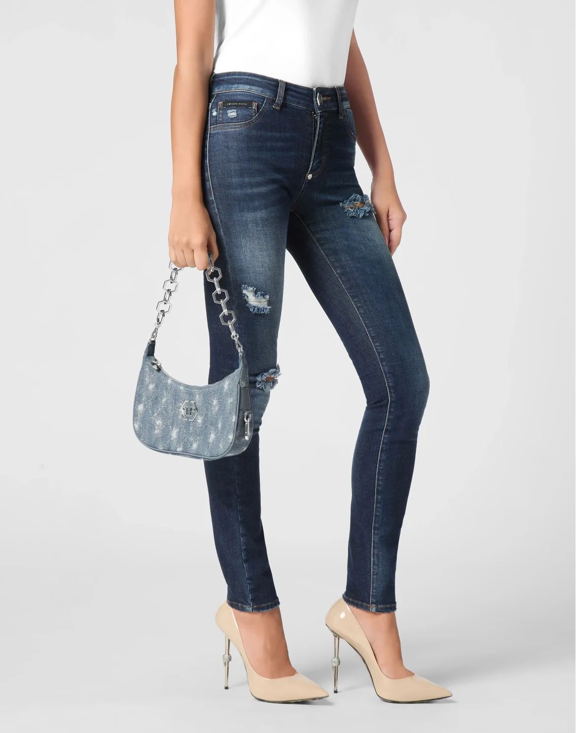 Denim Shoulder Bag Monogram Strass, цвет: Синий