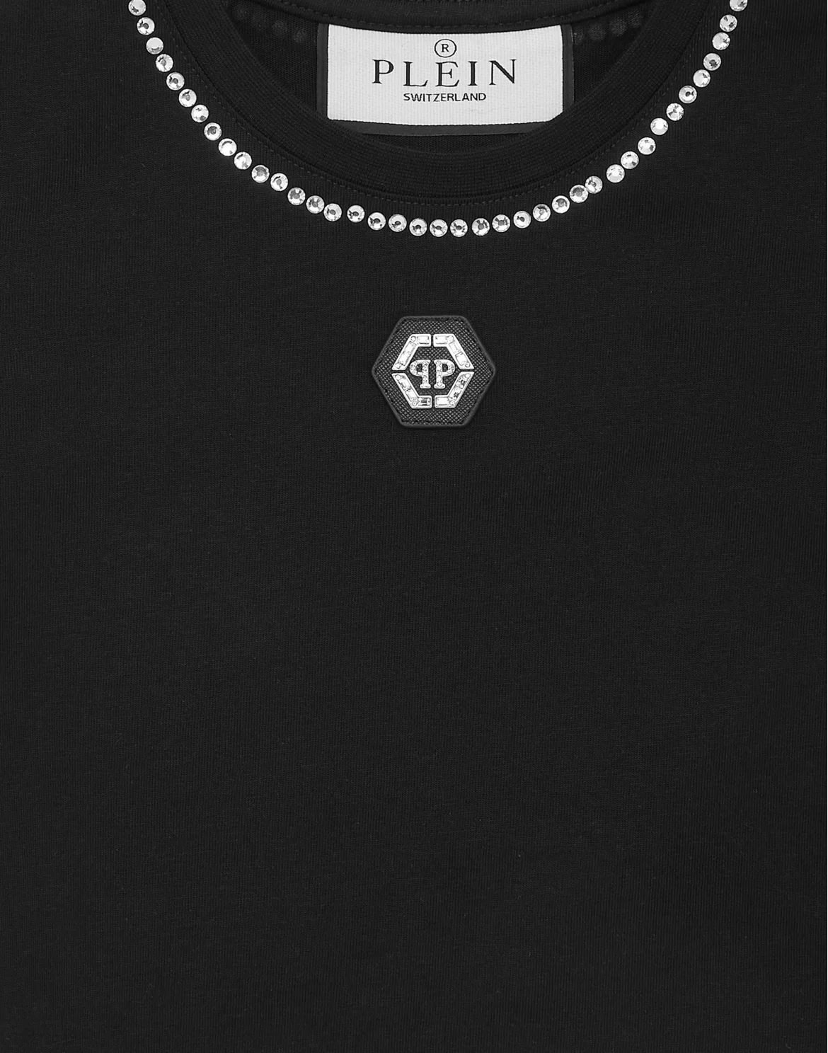 Cropped T-shirt Strass Round Neck SS, цвет: Черный