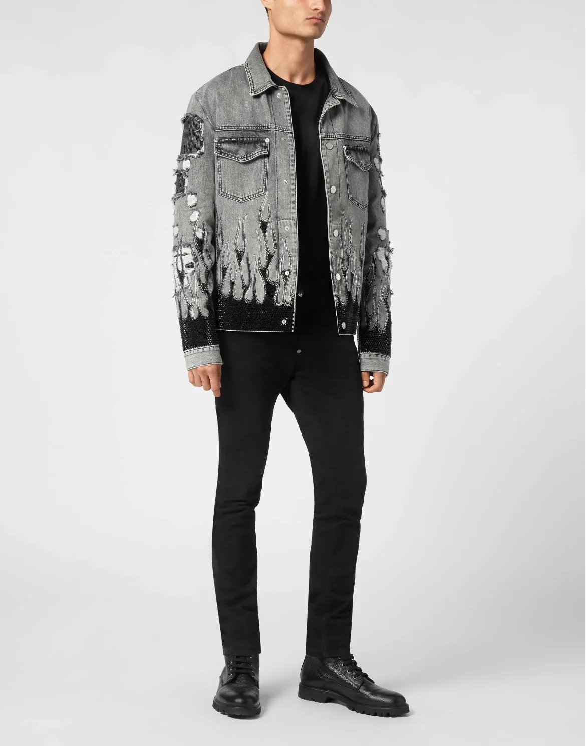 Denim Oversize Jacket LS Strass Flame, цвет: Серый