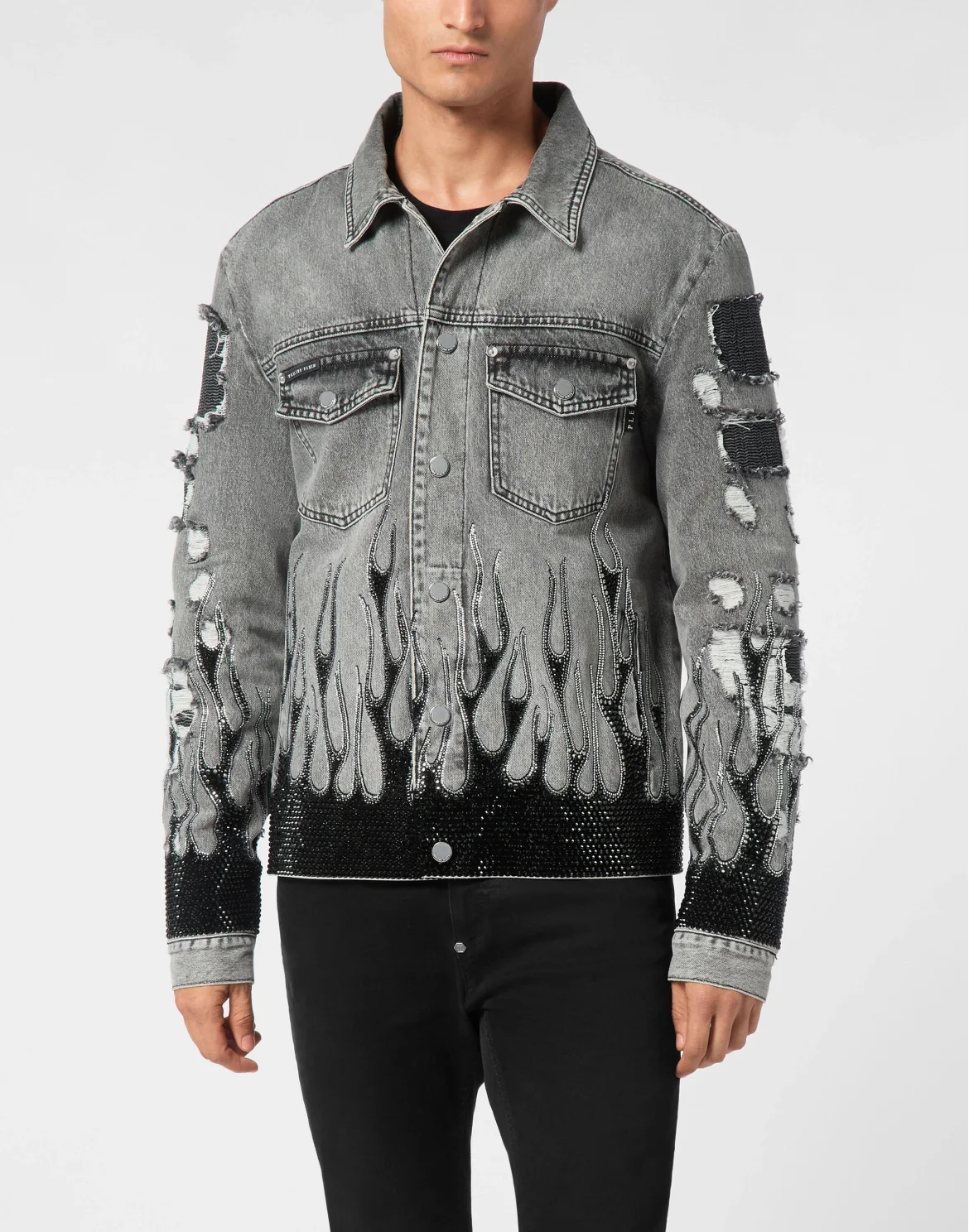 Denim Oversize Jacket LS Strass Flame, цвет: Серый