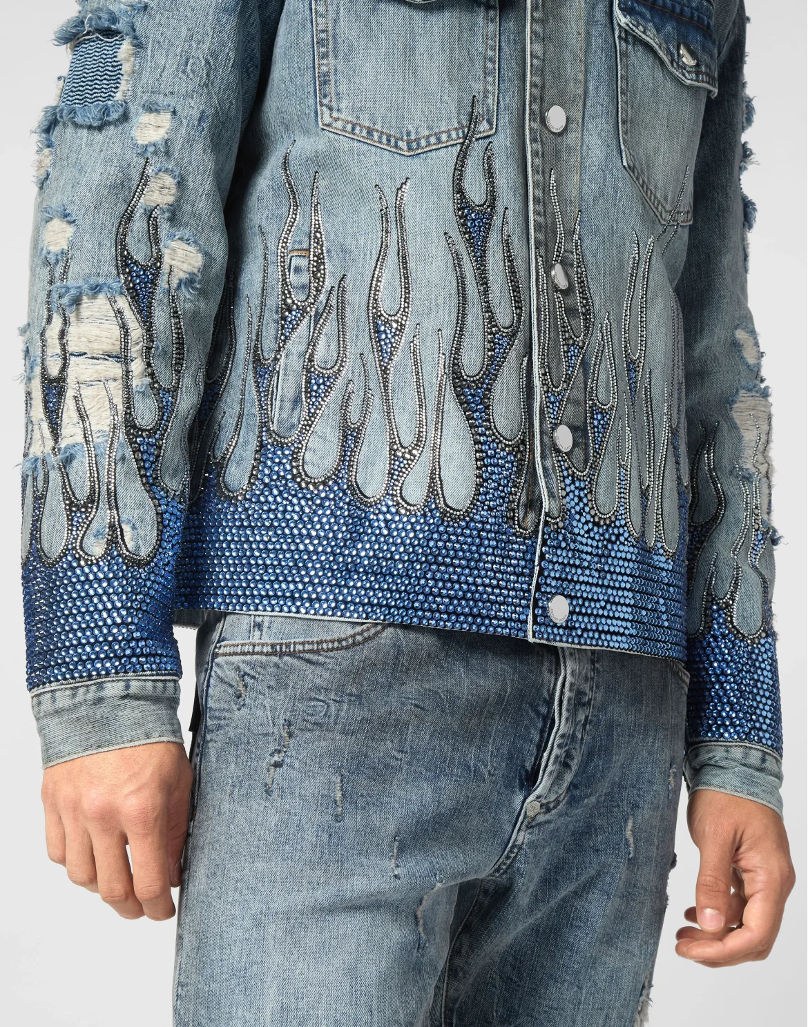 Denim Oversize Jacket LS Strass Flame, цвет: Серый