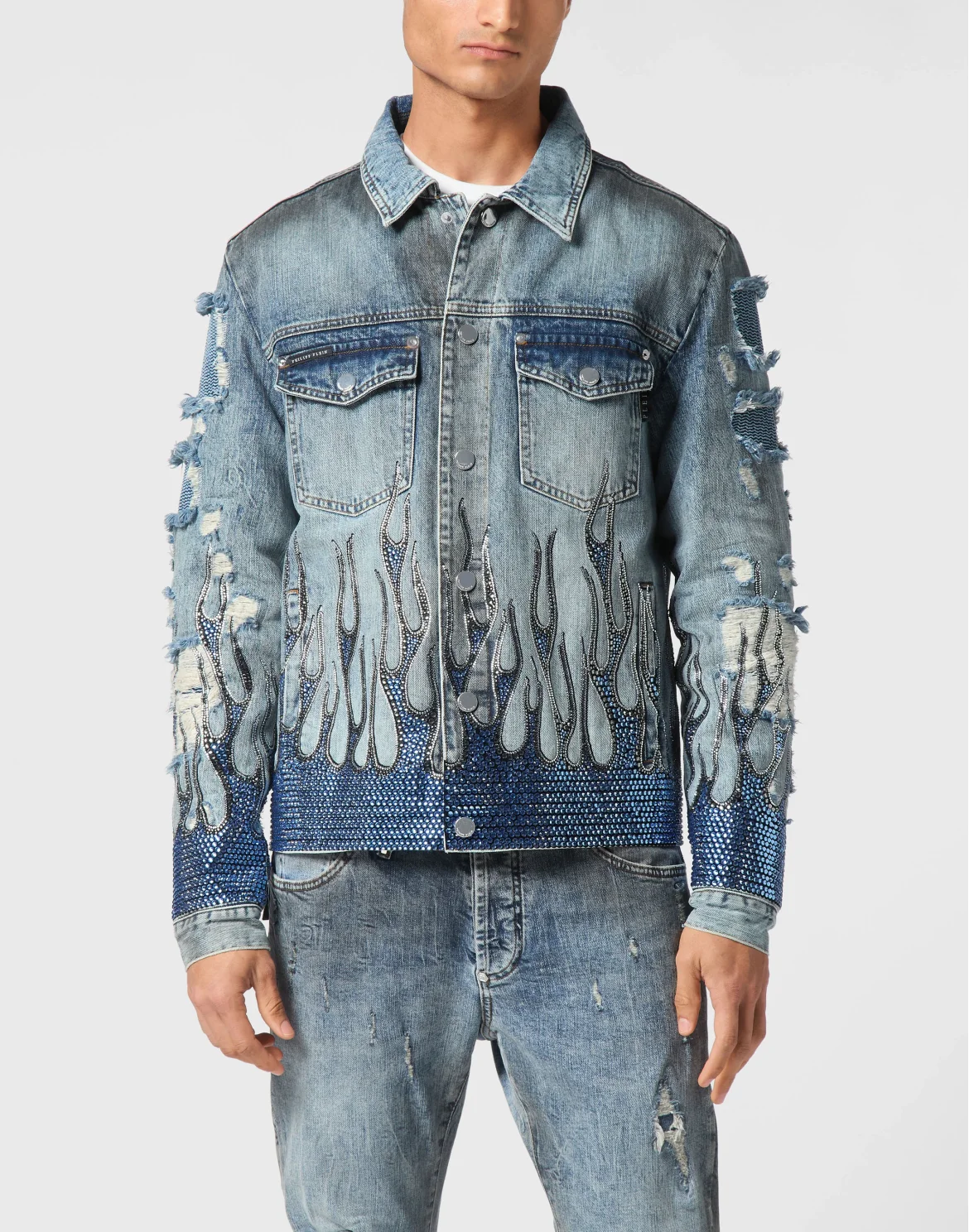 Denim Oversize Jacket LS Strass Flame, цвет: Серый