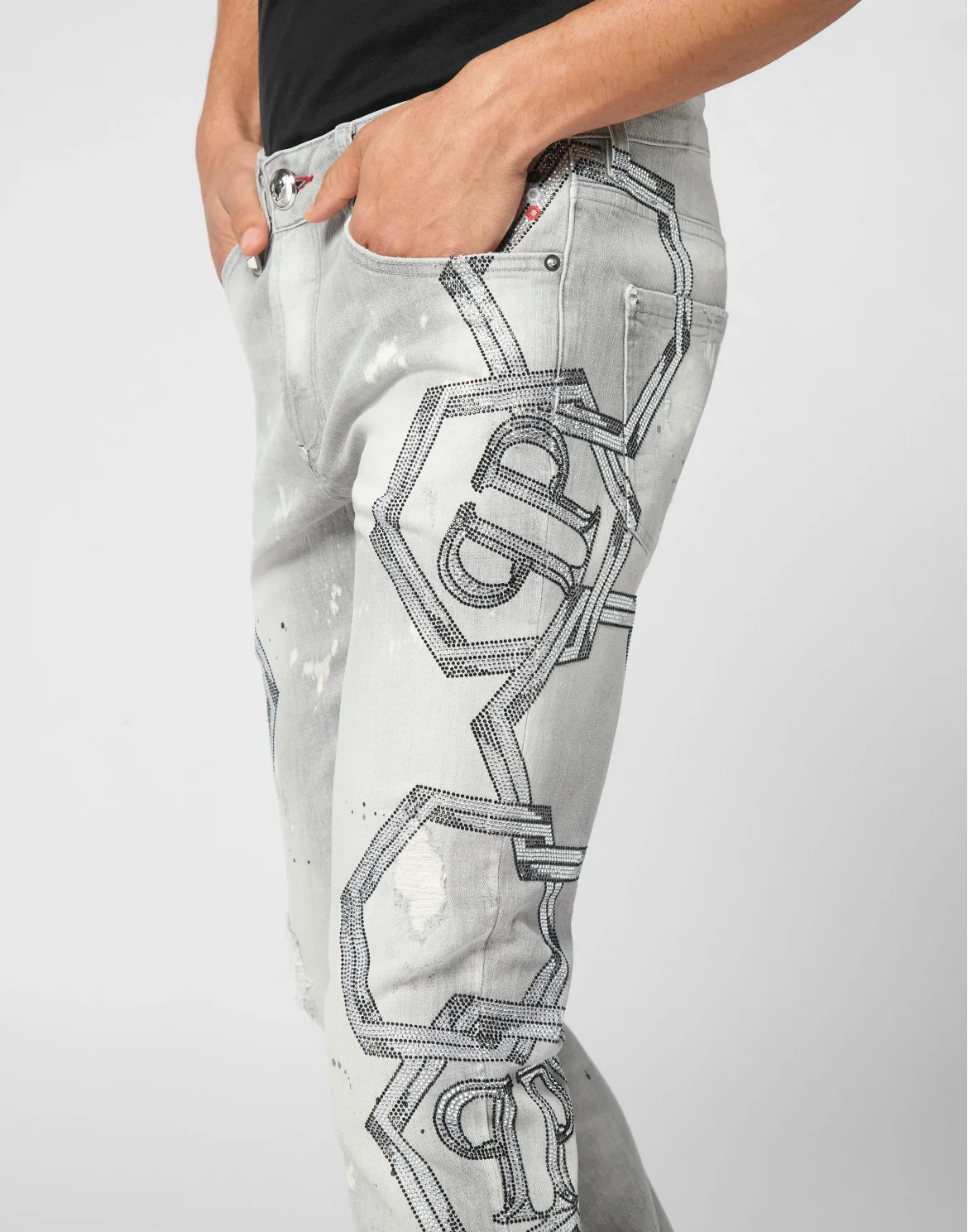 Denim Super Straight Cut Trousers Strass Chains, цвет: Серый